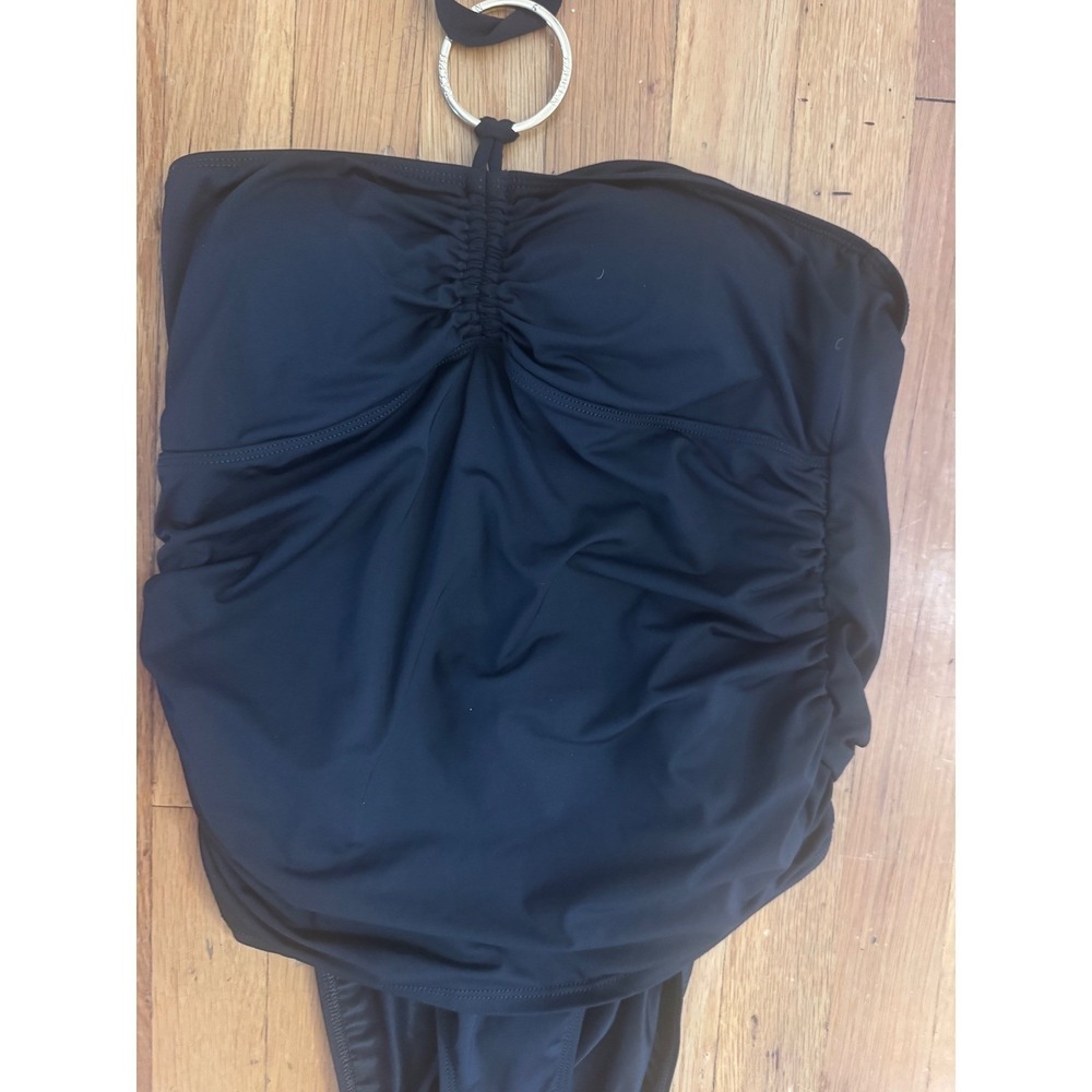 Lauren Ralph Sleek Black Halter One Piece Swimsuit O-Ring Ruched Size 12